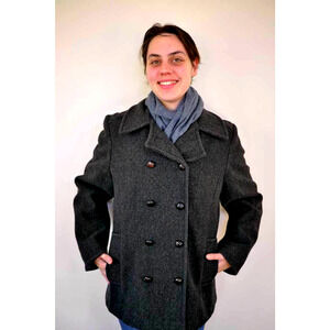 Vtg Heritage LL BEAN 100% Wool Womens Heather Gray Pea Over Coat USA Made M-L